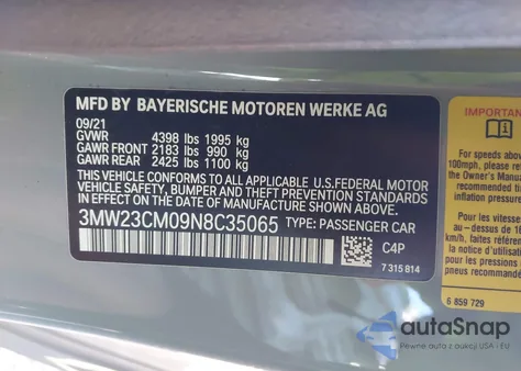 2022 BMW 230 I from USA, damaged, VIN 3MW23CM09N8C35065